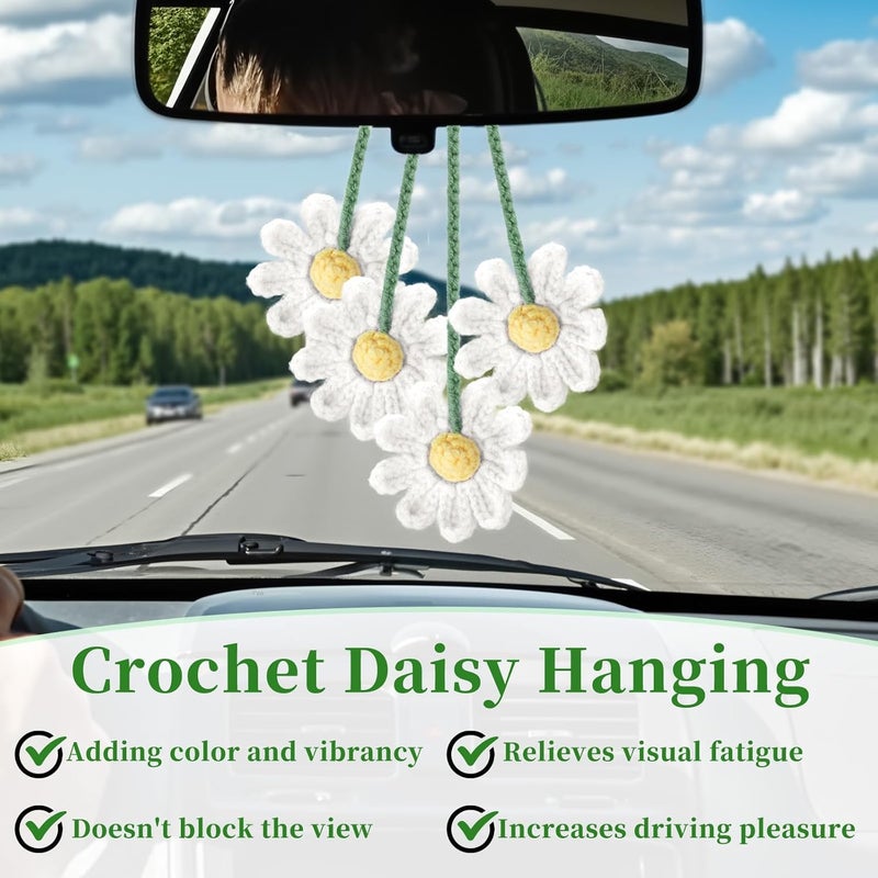 ecocstm 2 PCS Crochet Daisy Car Accessories for Women, Car Rearview Mirror White Flower Hanging Accessories, Handmade Cute Cars Accessory for Women Aesthetic, Cars Interior Decor Accessory Gift (White) - Image 2